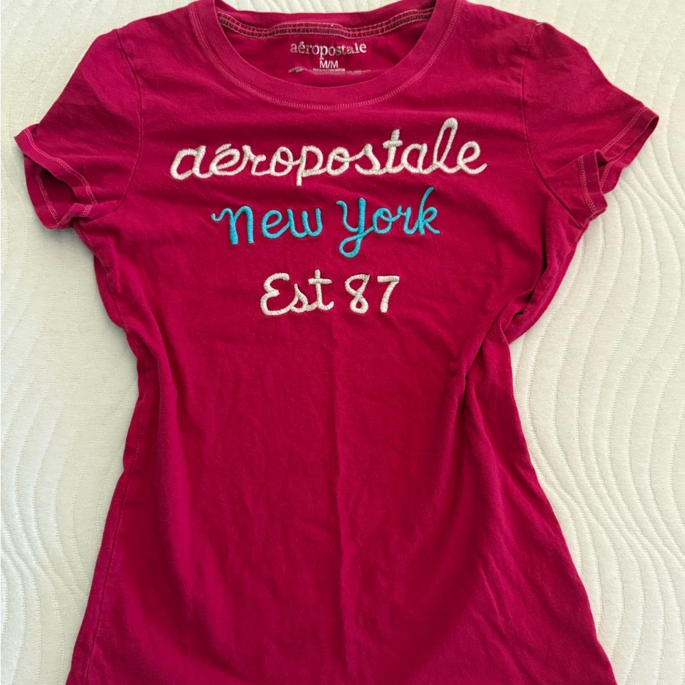 Aeropostale Pink Tee with Blue and White Embroidery